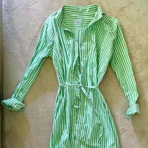 White and green pinstripe button up dress